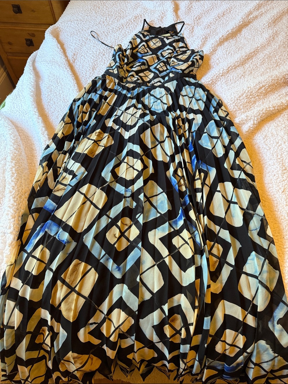 Anthropologie Black, Cream & Blue Geometric Maxi Dress